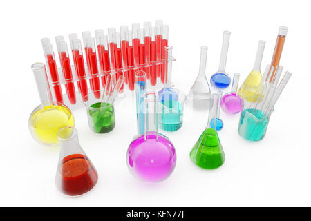 Flacons en verre transparent de couleur chimique full off liquide et bécher vide isolé sur fond. Le rendu 3D Banque D'Images