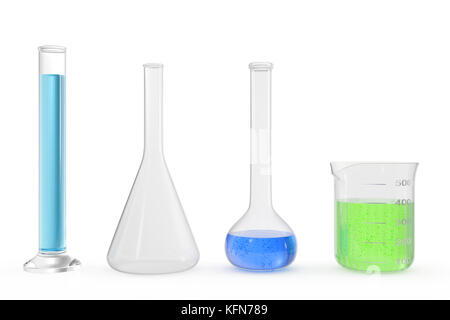 Flacons de chimie avec liquide coloré sur fond blanc fond. la science de laboratoire chimie concept. tubes à essai et flacons avec des liquides colorés de rendu 3D Banque D'Images