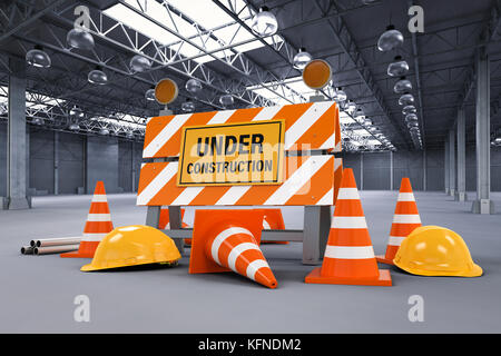 Le rendu 3D en construction signe avec barrière et cônes de construction Banque D'Images