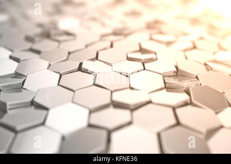 Résumé Contexte hexagonal futuristick avec effet de profondeur de champ. structure d'un grand nombre d'hexagones. nid d'acier brillant, la texture du mur de fond des clusters hexagonale, 3D Rendering Banque D'Images