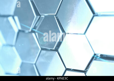 Résumé Contexte hexagonal futuristick avec effet de profondeur de champ. structure d'un grand nombre d'hexagones. nid d'acier brillant, la texture du mur de fond des clusters hexagonale, 3D Rendering Banque D'Images