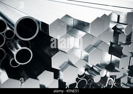 Métal cylindrique en acier, métal hexagonale en acier, acier métallique carré adulte. différents produits en acier inoxydable, 3d illustration Banque D'Images
