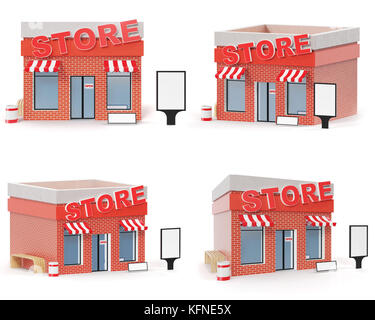 Magasin de jeu avec l'exemplaire de l'espace a isolé sur fond blanc. boutique moderne des bâtiments, façades de magasin du marché extérieur. façade extérieure store Building, 3D Rendering Banque D'Images