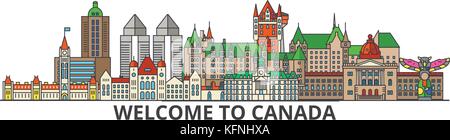 Plan Canada, Canadian skyline télévision fine ligne de repère, icônes, illustrations. canada paysage urbain, ville de voyage canadiens. bannière vecteur silhouette urbaine Illustration de Vecteur