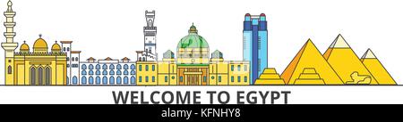 Description de l'Égypte, les toits de télévision égyptienne fine ligne de repère, icônes, illustrations. L'egypte paysage urbain, voyage égyptien vecteur ville silhouette urbaine. Illustration de Vecteur