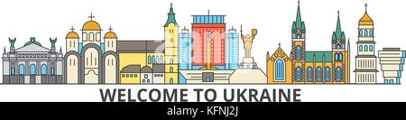 Description de l'ukraine, ukrainien skyline télévision fine ligne de repère, icônes, illustrations. L'Ukraine, ukrainien cityscape vecteur ville voyage silhouette urbaine. Illustration de Vecteur