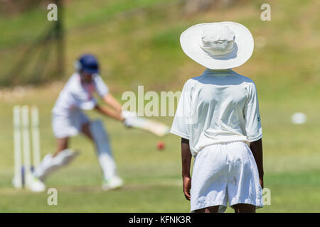 Jeu de cricket joueurs juniors batteur fielder action non identifiés résumé. Banque D'Images