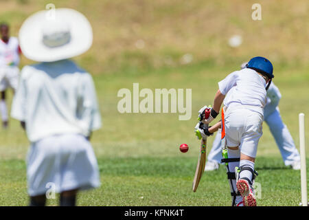 Jeu de cricket joueurs juniors batteur fielder action non identifiés résumé. Banque D'Images