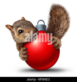 Écureuil mignon de noël avec un ornement de boule de vacances de noël comme symbole de célébration d'hiver sur un fond blanc avec des éléments de rendu 3D. Banque D'Images