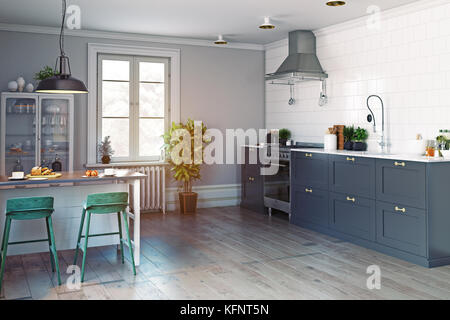 Cuisine moderne de l'intérieur. La conception de style scandinave. Concept de rendu 3D Banque D'Images