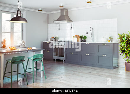 Intérieur de cuisine moderne. Design de style scandinave. concept de rendu 3d. Banque D'Images