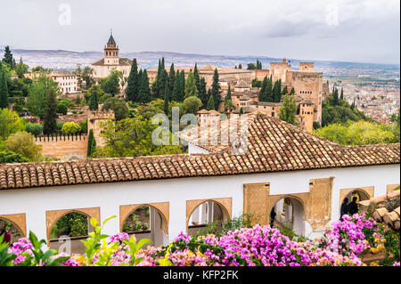 Palais de l'Alhambra vu depuis les jardins du Generalife, Grenade, Andalousie, Espagne Banque D'Images