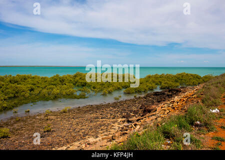 Roebuck Bay dans la région de Broome , le nord-ouest de l'Australie, avec les bas fonds vaseux dans la vie marine abondante avec de grandes marées, les mangroves, les falaises rouges et les marées. Banque D'Images