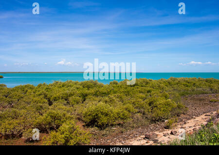 Roebuck Bay dans la région de Broome , le nord-ouest de l'Australie, avec les bas fonds vaseux dans la vie marine abondante avec de grandes marées, les mangroves, les falaises rouges et les marées. Banque D'Images