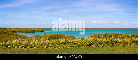 Roebuck Bay dans la région de Broome , le nord-ouest de l'Australie, avec les bas fonds vaseux dans la vie marine abondante avec de grandes marées, les mangroves, les falaises rouges et les marées. Banque D'Images