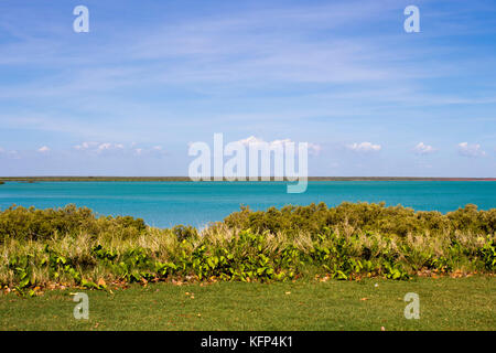 Roebuck Bay dans la région de Broome , le nord-ouest de l'Australie, avec les bas fonds vaseux dans la vie marine abondante avec de grandes marées, les mangroves, les falaises rouges et les marées. Banque D'Images