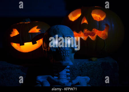 Belfast, en Irlande du Nord, Royaume-Uni. 31 octobre, 2017. Deux citrouilles sculptées avec un squelette à côté d'une maison à Belfast Crédit : Bonzo/Alamy Live News Banque D'Images