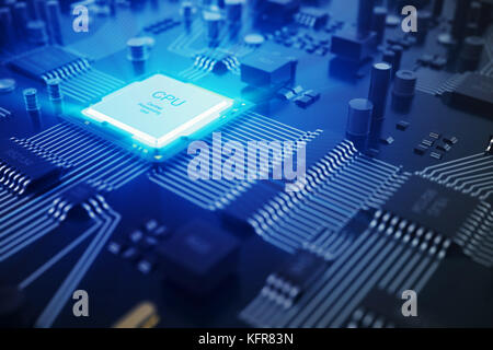 Le rendu 3D de circuit imprimé. arrière-plan technique. ordinateur central concept cpu processeurs carte mère. Puce numérique. tech. de l'AED en sciences de la communication intégrée, de l'information génie cpu processeur Banque D'Images