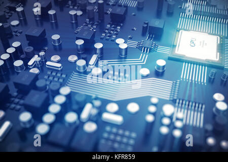 Le rendu 3D de circuit imprimé. arrière-plan technique. ordinateur central concept cpu processeurs carte mère. Puce numérique. tech. de l'AED en sciences de la communication intégrée, de l'information génie cpu processeur Banque D'Images