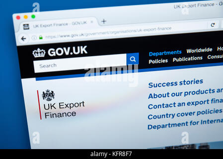 Londres, Royaume-Uni - 30 octobre 2017 : La page d'accueil de l'exportation Ministère des finances britannique sur le site web du gouvernement britannique, le 30 octobre 2017. Banque D'Images