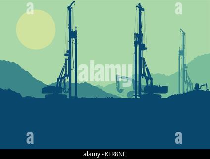 Trou terre hydraulique machine de forage de pieux, les tracteurs de creuser à la construction industrielle vector illustration d'arrière-plan du site Illustration de Vecteur