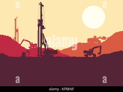 Trou terre hydraulique machine de forage de pieux, les tracteurs de creuser à la construction industrielle vector illustration d'arrière-plan du site Illustration de Vecteur