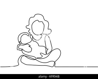 Dessin de ligne continue. Heureux bébé fille jouant avec son nouveau-né frère. Vector illustration Illustration de Vecteur