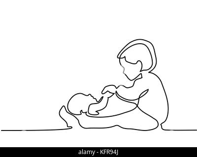 Dessin de ligne continue. Heureux bébé fille jouant avec son nouveau-né frère. Vector illustration Illustration de Vecteur