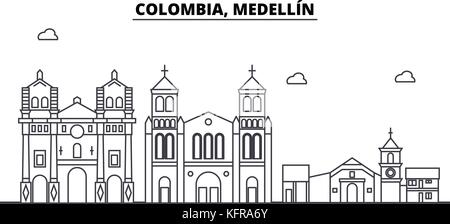 La Colombie, Medellin skyline architecture bâtiments, silhouette, contours du paysage, des monuments. traits modifiable. paysage urbain. illustration vecteur ligne design plat, concept Illustration de Vecteur