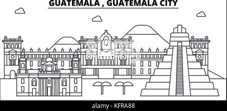 Au Guatemala , Guatemala city skyline architecture bâtiments, silhouette, contours du paysage, des monuments. traits modifiable. paysage urbain. illustration vecteur ligne design plat, concept Illustration de Vecteur