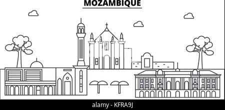 L'architecture des bâtiments, le Mozambique skyline silhouette, plan paysage, monuments. traits modifiable. paysage urbain. illustration vecteur ligne design plat, concept Illustration de Vecteur