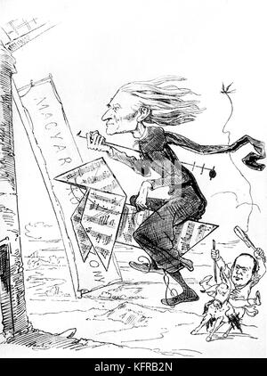 Franz Liszt - caricature, moulins à vent, par Janko, publié dans Borsszem Janko, 18 décembre 1870. Liszt comme Don Quichotte et Sancho Panza comme Rémenyi (moulin représente l'indolence hongrois). FL : pianiste et compositeur hongrois, 22 octobre 1811 - 31 juillet 1886. Banque D'Images