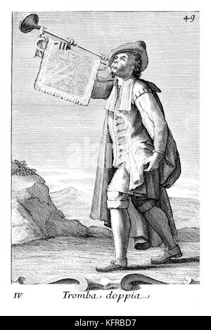 Au début du 18ème siècle trompette. Illustration de Filippo Bonanni Gabinetto Armonico du '' publié en 1723, l'Illustration 4. Gravure par Arnold van Westerhout. Sous-titre suivant Tromba droppia. Banque D'Images