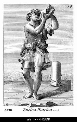 Homme jouant de la Conque - trompette utilisée par les vendeurs de poisson de Majorque. En Inde, utilisé pour des cérémonies rituelles et est connecté avec le dieu Vishnu . Illustration de Filippo Bonanni's "Gabinetto Armonico" publié en 1723, l'Illustration 18. Gravure par Arnold van Westerhout. Sous-titre suivant Bucina Marina Banque D'Images