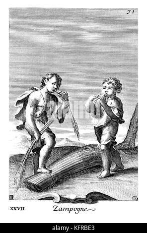 Deux jeunes garçons jouent au tuyaux rustique. Illustration de Filippo Bonanni's "Gabinetto Armonico" publié en 1723, l'Illustration 27. Gravure par Arnold van Westerhout.Caption reads Zampogne Banque D'Images