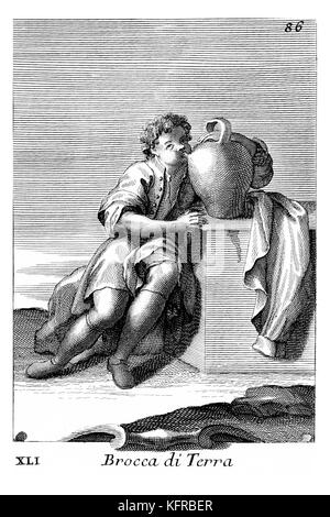 Garçon de faire de la musique avec de l'eau - jar utilisé comme accompagnement musical de chansons et danses traditionnelles. Illustration de Filippo Bonanni's "Gabinetto Armonico" publié en 1723, l'Illustration 41. Gravure par Arnold van Westerhout. Sous-titre suivant Brocca di terra. Banque D'Images