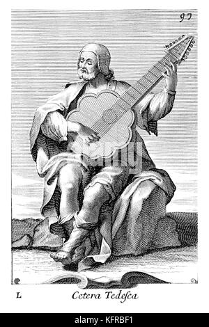 Homme jouant Bandora (ou Allemand) Cistre - basse instrument de la cistre type. Illustration de Filippo Bonanni's "Gabinetto Armonico" publié en 1723, l'Illustration 50. Gravure par Arnold van Westerhout. Sous-titre suivant Cetera Tedesca Banque D'Images