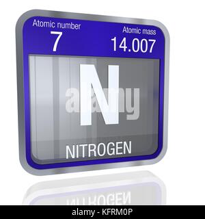 Symbole d'azote de forme carrée avec bordure métallique et fond transparent avec réflexion sur le sol. Rendu 3D. Élément numéro 7 du Peri Banque D'Images