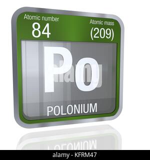 Symbole de polonium en forme carrée avec bordure métallique et fond transparent avec réflexion sur le sol. Rendu 3D. Numéro d'élément 84 du PER Banque D'Images