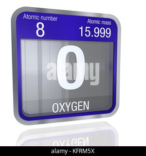 Symbole d'oxygène de forme carrée avec bordure métallique et fond transparent avec réflexion sur le sol. Rendu 3D. Élément numéro 8 de la période Banque D'Images