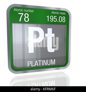 Symbole platine en forme carrée avec bordure métallique et fond transparent avec réflexion sur le sol. Rendu 3D. Numéro d'élément 78 du PER Banque D'Images