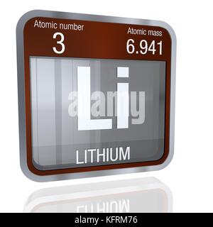 Symbole au lithium de forme carrée avec bordure métallique et fond transparent avec réflexion sur le sol. Rendu 3D. Élément numéro 3 du Perio Banque D'Images