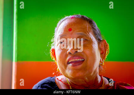 Pokhara, Népal - novembre 04, 2017 : portrait de vieille femme qui pose pour appareil photo de Pokhara, Népal, dans un arrière-plan vert et orange Banque D'Images