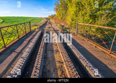 Pont à poutres d'acier qui reste sur la ligne de chemin de fer désaffectée / déposé - France. Banque D'Images