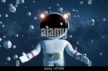 Cute cartoon character astronaute dans l'espace blanc fonction flottant entre objets géométriques en face de l'étoile (illustration 3d) Banque D'Images