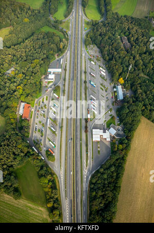 Autoroute A3, zone de service Hünxe est et ouest, station de service, Hünxe, Hünxe, région de la Ruhr, Bas Rhin, Allemagne, Europe, Hünxe, Krudenburg, vue aérienne, Banque D'Images