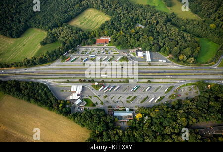 Autoroute A3, zone de service Hünxe est et ouest, station de service, Hünxe, Hünxe, région de la Ruhr, Bas Rhin, Allemagne, Europe, Hünxe, Krudenburg, vue aérienne, Banque D'Images