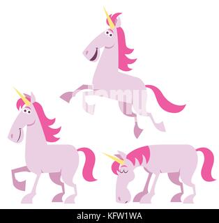 licorne de dessin animé rose en 3 poses différentes. Illustration de Vecteur