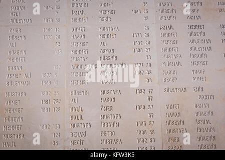 Soldat turc des noms au cimetière des martyrs akbas et memorial à Canakkale, Turquie Banque D'Images