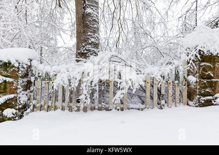 Alter Lattenzaun im Winter Banque D'Images